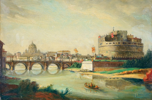 Veduta di Roma con Castel Sant'Angelo, olio su rame, cm 22x33