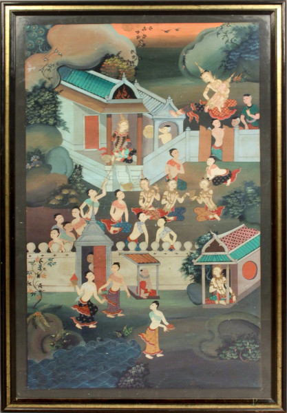 Pannello raffigurante scene di corte, tempera su carta , cm. 116x73, India XIX sec, entro cornice.