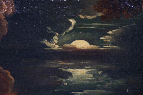 Pittore attivo a Genova alla fine del XVII secolo, Fuga da un incendio al chiaro di luna, olio su...