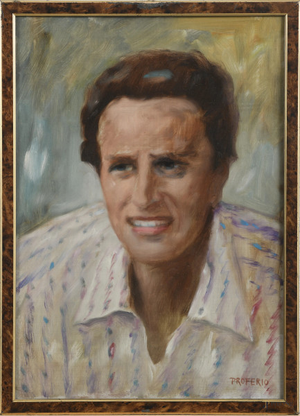Proferio Grossi, Ritratto di uomo, olio su faesite, cm 50x35,5, firmato in basso a destra, al retro  firmato e datato 1981, entro cornice