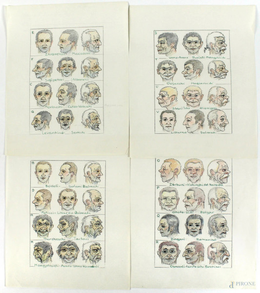 Studi di etnie balcaniche, lotto di quattro disegni a pastello e china su carta, cm. 28x22, XX secolo.