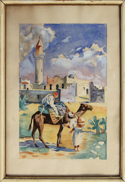 Paesaggio arabo, acquarello su carta, firmato, cm 28 x 18, entro cornice.