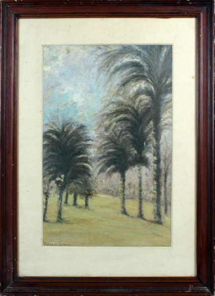 Paesaggio con palme, olio su cartone, cm. 40x28,5, firmato Pieretto Bianco, entro cornice.