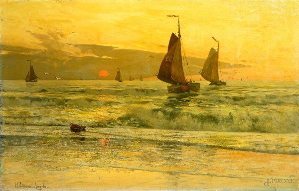 Veduta marina al tramonto, olio su tela, firmato H. Petersen Angeln, cm 80x125, (difetti)