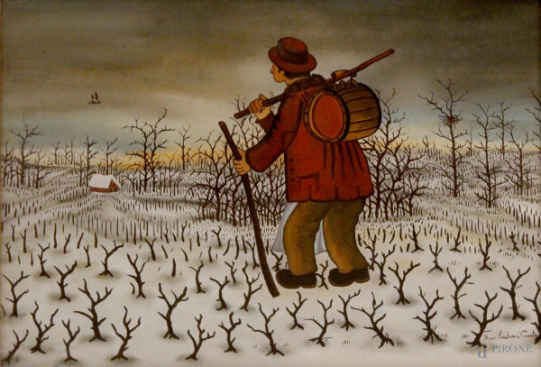 Ivan Lackovic - Paesaggio invernale con figura, dipinto naif su vetro, 40x28 cm, entro cornice
