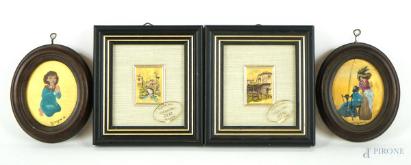 Lotto composto da due coppie di riproduzioni a foglia d'oro raffiguranti paesaggi e figure, misure max cm 6,5x5,5, firmate, entro cornici, (difetti).