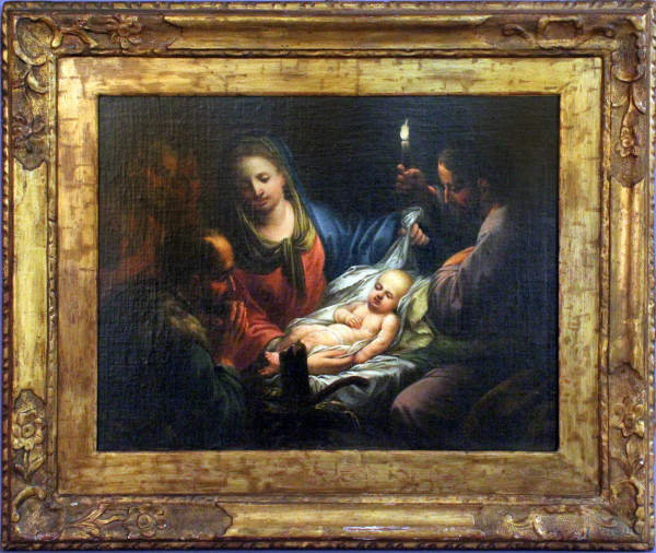 Pittore del XVIII sec, Adorazione del Bambino, olio su tela, cm. 41,5x53,5, entro cornice.