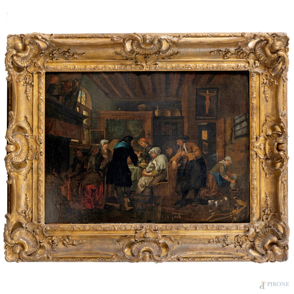 Attribuito a Jan Josef Horemans il Vecchio (1682-1759), Scena di interno, olio su tela, cm 62x82,5, entro cornice