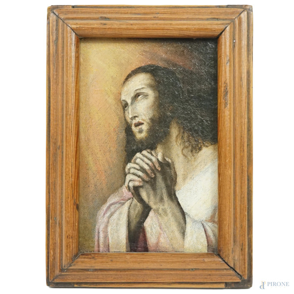 Pittore del XVIII secolo, Cristo in preghiera, olio su tela, cm 16x11,1, entro cornice