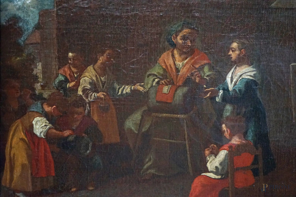 Pittore veneto del XVIII secolo, La cucitrice del tombolo, olio su tavola, cm 32x50, entro cornic...