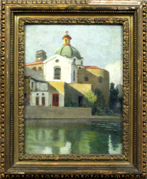 Scorcio di Chiesa con fiume, olio su tela, cm 36x27, XX secolo, entro cornice