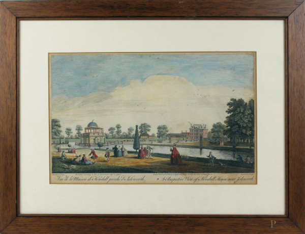 Veduta prospettica di Casa Kendall vicino a Isleworth, stampa acquerellata, cm 26,5x42, entro cornice.