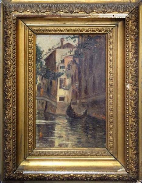 Scorcio di canale, olio su tavola con dipinto sul retro, cm 21 x 13, entro cornice.