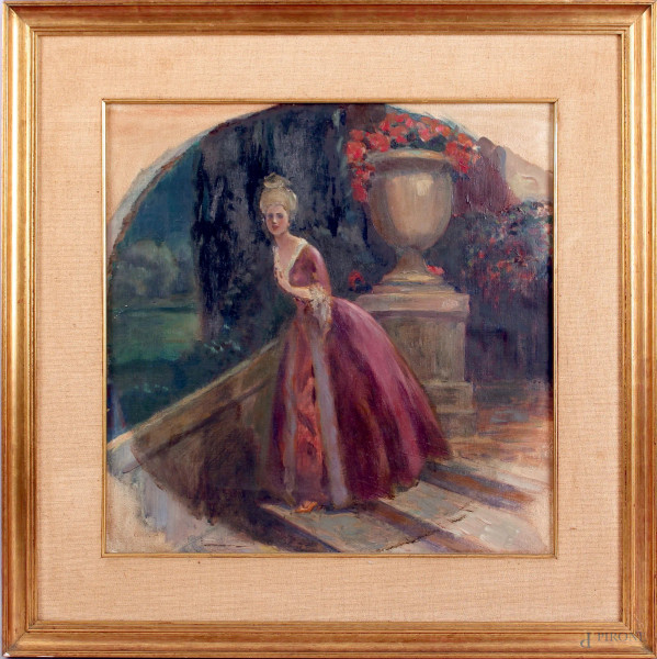 Donna sulla scalinata, olio su tela, cm. 40x40, attribuito a Luigi Bonpard, entro cornice.