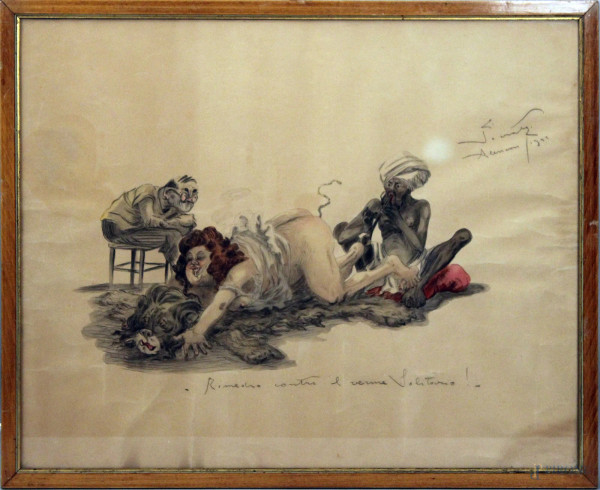Socrate: pseudonimo (adoperato ad hoc per i sui famosi disegni erotico caricaturali) di un famoso vignettista italiano degli anni 30/40, rimedio contro il verme solitario, disegno a colori su carta 45x55 cm, firmato e datato Amman 42, nel disegno si nota anche il suo ritratto caricaturale nel personaggio dell'osservatore interessato.