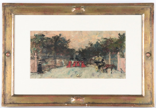 Veduta di Villa con pretini e carrozza, olio su compensato, cm 10,5x21, firmato in basso, entro cornice, (lievi segni di usura)