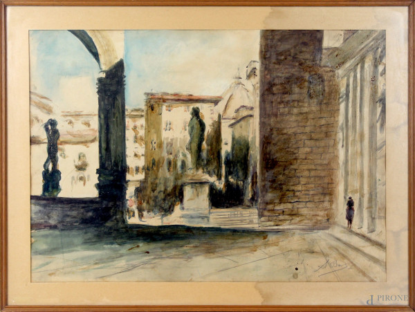 Piazza della Signoria, acquarello su carta, cm. 47x67, firmato, entro cornice.(difetti sulla carta)