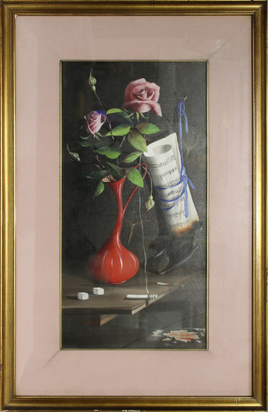 Alfano Dardari - Vaso con fiori, olio su tela 62x32 cm, entro cornice.