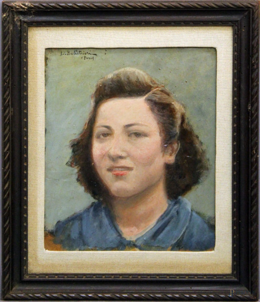 Ritratto di donna, olio su cartoncino, 27x 22 cm, entro cornice, firmato 
