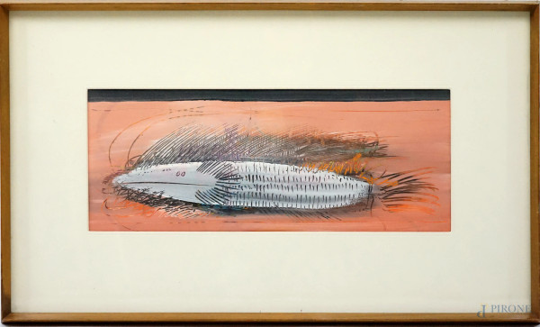 Pesce - Astratto, tecnica mista su carta, cm 18,5x48, dedica e firma a tergo, entro cornice.