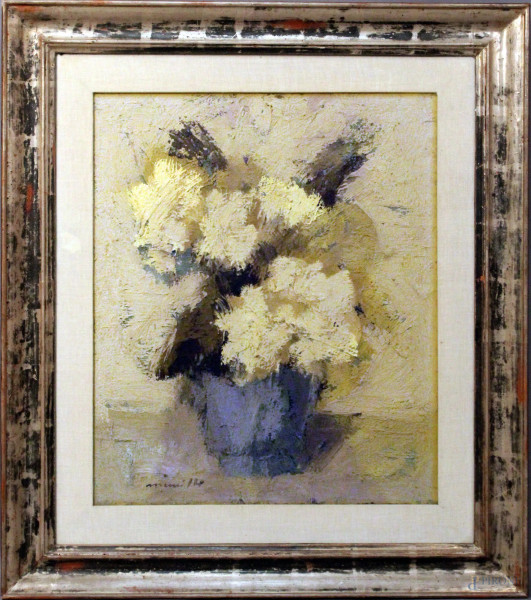 Franco Marzilli - Vaso con fiori, olio su tela, altezza 60x50 cm, entro cornice.