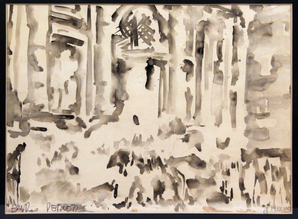 Scorcio della fontana di Trevi, acquarello su carta 49x36 cm,  firmato Enrico Perler