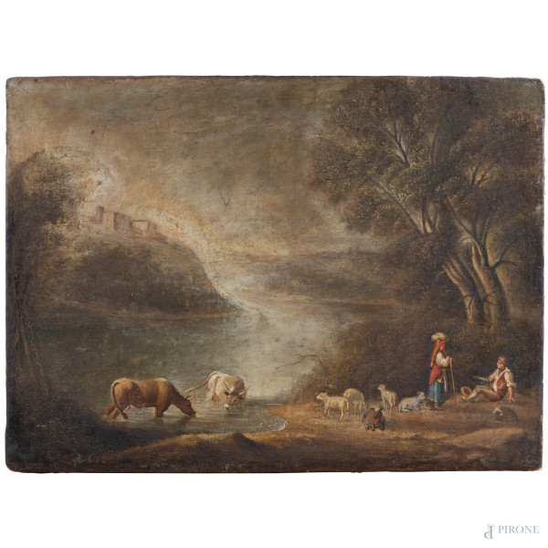 Coppia di dipinti raffiguranti paesaggi con figure e armenti, XIX-XX secolo, olio su tela, cm 45,...
