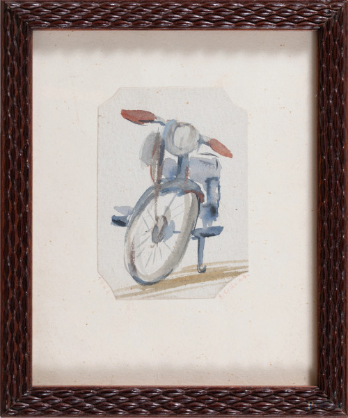 Renzo Collura (1920-1989) , Motocicletta, tecnica mista su carta appllicata su cartoncino, cm 9x6,5, firmato in basso a destra, entro cornice