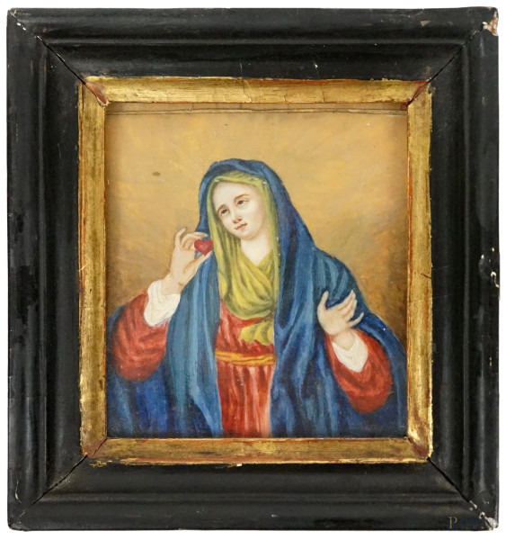 Madonna del Sacro Cuore, miniatura dipinta in policromia, cm 9,5x10,5, fine XIX secolo, entro cornice.