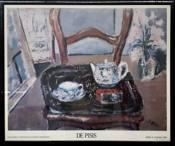 Manifesto della collezione permanente della Galleria Nazionale d’Arte Moderna di Roma riproducente l’opera “Sedia e vassoio” di Filippo de Pisis, stampa offset su carta, cm 67x82, entro cornice