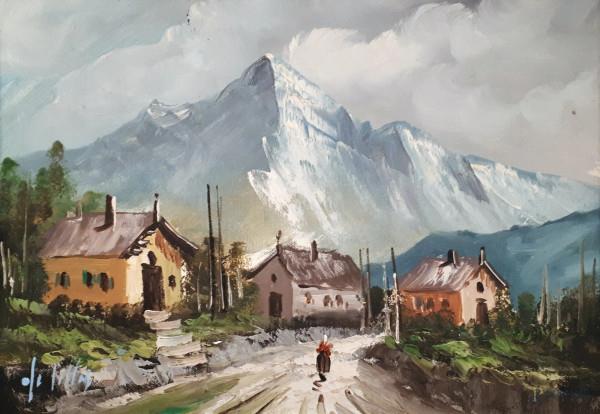 Artista del Novecento
Paesaggio montano, olio su tela, cm 38X26, anni 50, firmato