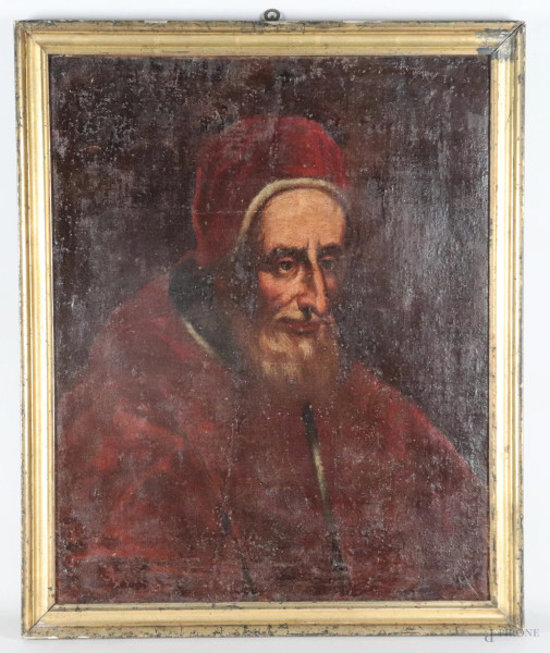 Papa Gregorio XIV, XVII secolo, olio su tela, cm 62x50, entro cornice, (segni di usura, abrasioni, difetti, sollevamenti di colore)
