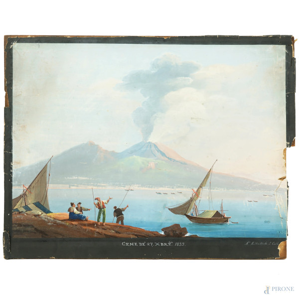 Veduta del Vesuvio, gouache su carta applicata su tavoletta, iscritto "GENE DE' 27 XBRE 1833", cm 37x48 (difetti)