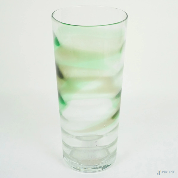 Vaso in vetro trasparente con sfumature nei toni del verde salvia, cm h 30, XX secolo.