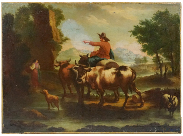 Pittore del XVIII secolo, Paesaggio con figure e animali, olio su tela, cm 81x111