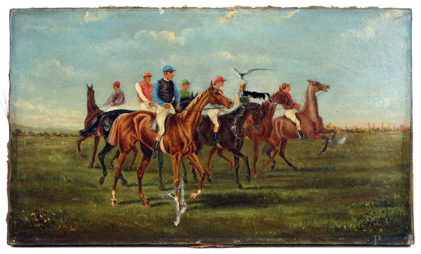 Giocatori di polo, olio su tela, cm 27x46, firmato e datato in basso a destra, (tela danneggiata)