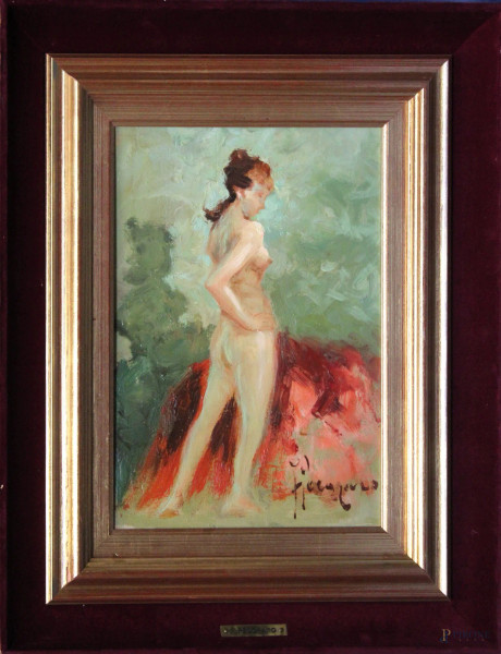 Nudo di donna, olio su tavola firmato F. Pecoraro, cm 34 x 24, entro cornice.