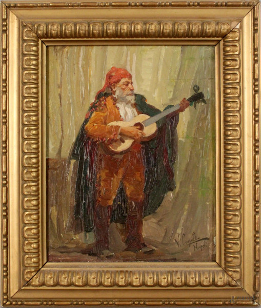 Suonatore di chitarra, olio su tavola, cm. 23,5x19, firmato V. Caprile, entro cornice.