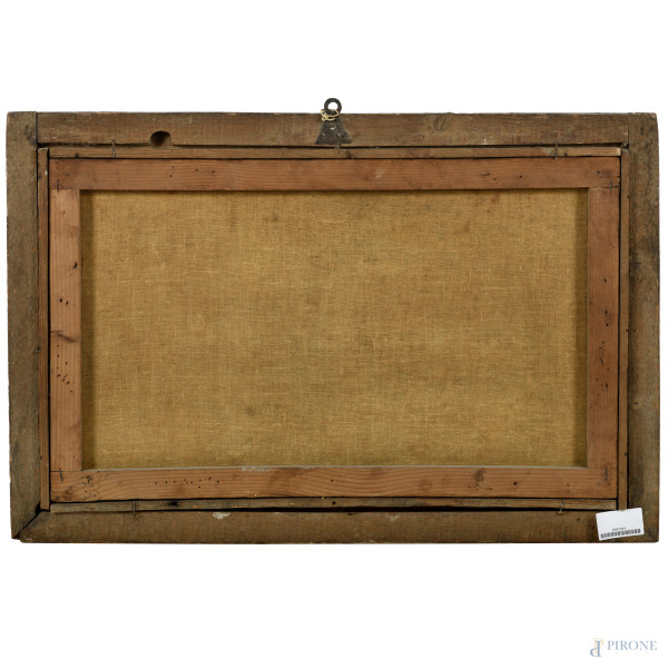 Paesaggio con figure, XVIII secolo, olio su tela, cm 40x66 entro cornice, (difetti)
