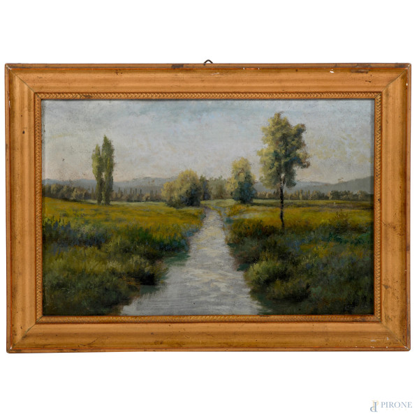 Karl Spitz (1853-1937), Paesaggio, olio su cartone telato, cm 19x28, firmato in basso a destra, entro cornice