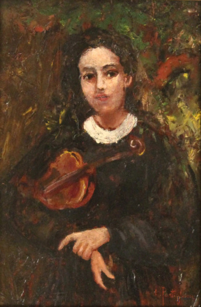 Ragazza con chitarra, olio su tavola, 30x20 cm, entro cornice