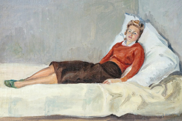 Ritratto di donna distesa, olio su tela, cm 25x48,5, XX secolo, (mancante telaio, lievi difetti).
