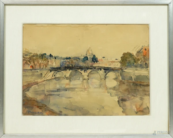 Giulio Brunacci - Roma dal Tevere, acquerello su carta, cm 25x34, firmato in basso a  sinistra, entro cornice