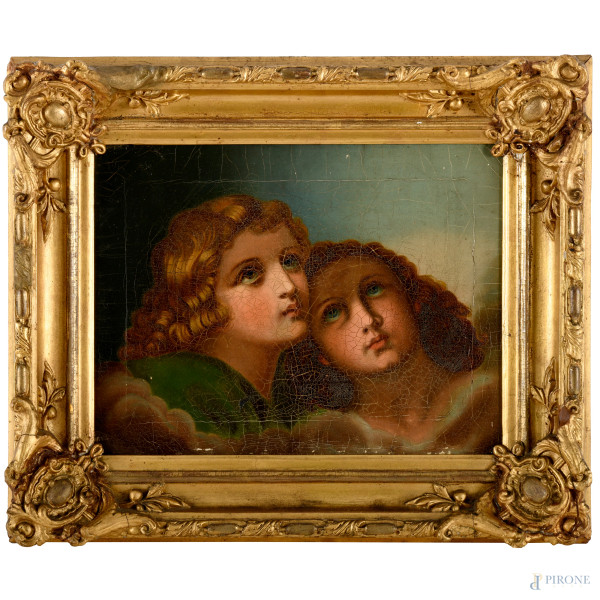 Pittore del XVIII secolo, Angeli, olio su tela, cm 27x36 entro cornice, (difetti)