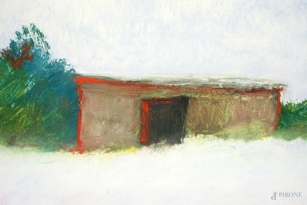 Paesaggio, olio su cartone, cm 25x35, firmato Omiccioli, entro cornice