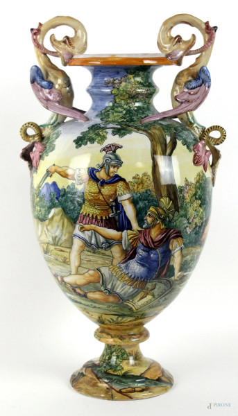 Grande vaso in porcellana policroma, decori raffiguranti paesaggio e scena mitologica, anse a forma di draghi, altezza cm 53, (restauro alla base)