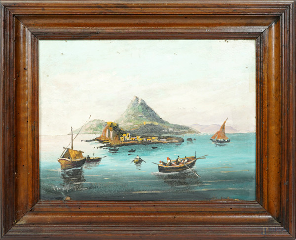 Veduta dell'isola di Ponza, olio su cartone, XX secolo, cm 32,2x23,5, entro cornice