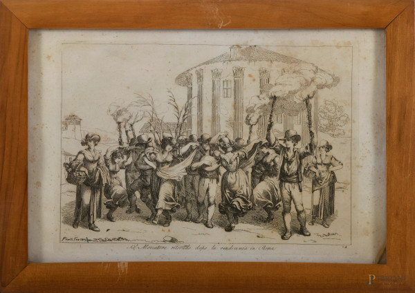 Lotto di 24 incisioni di Bartolomeo Pinelli, cm 23x36 entro cornice, (difetti, gore e tracce di u...