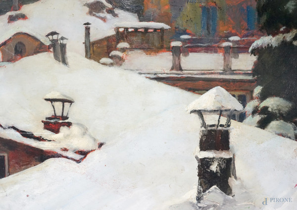 Biella sotto la neve, olio su cartone, cm 75x70