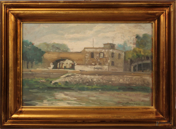 Casa sul fiume, olio su tavola, cm 20x30, firmato C. Carmignani, entro cornice.